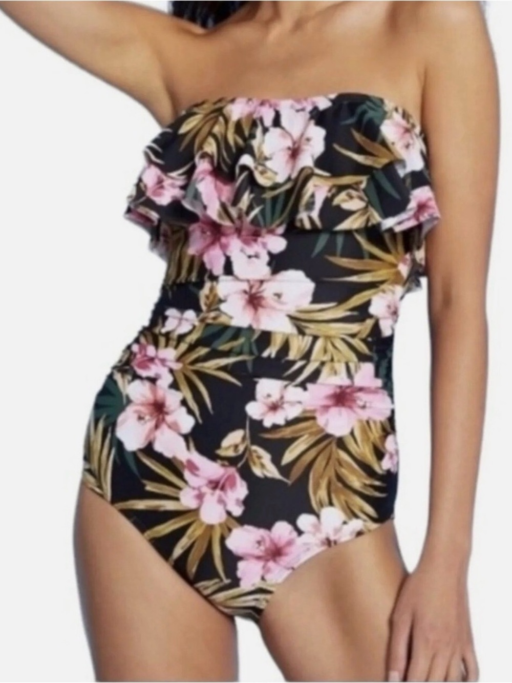 Kona Sol Strapless Black Floral Ruffle One-Piece Swimsuit